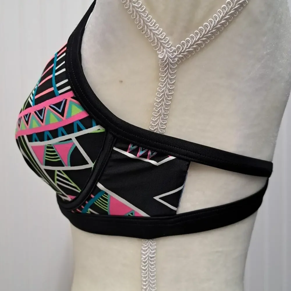 Coco Rave Bikini Swim Top Womens 34 B/C Cup Black Neon Geo Print Underwire Beach